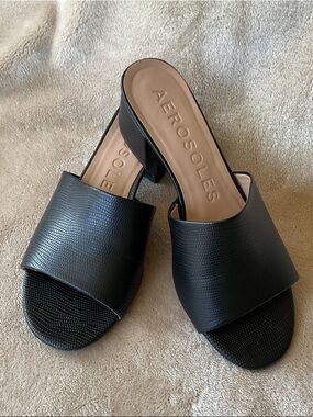 AEROSOLES Como heeled Slide Sandals in Black Lizard Faux Leather Size 9.5 W